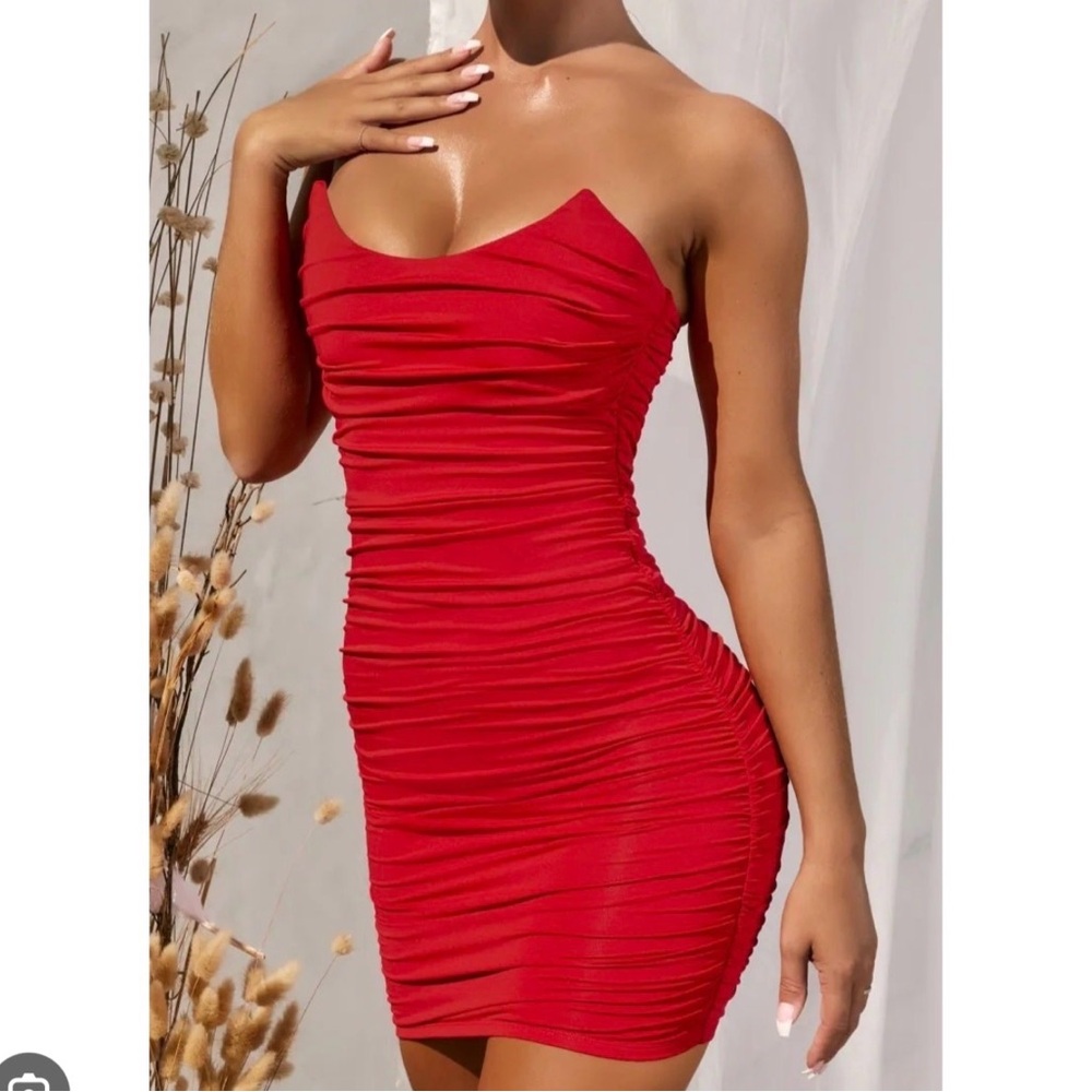 Oh Polly Ruched Bandeau Mini Dress in Red